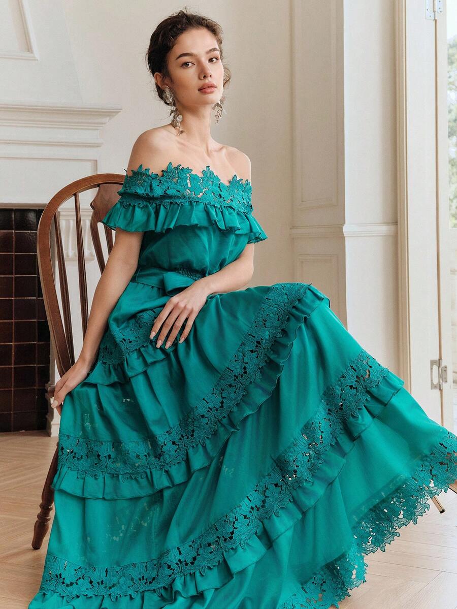 Anewsta Đầm ôm sát thanh lịch trễ vai xếp nếp ren viền mới dành cho nữ - màu xanh lá - Xem 1