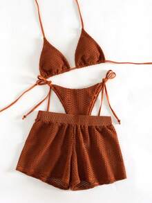 Swim Vcay 2026 Spring/Summer Spaghetti Strap Halter Orange Grid Side High Cut Women's Thong Panty, Semi-Sheer Bikini Swimwear Set, Suitable For Beach Photography - Orange - View 4