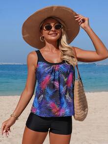 Swim Lushoire 2026 Spring/Summer New Sleeveless Round Neck Dress-Style Printed Modest Mature Tankini Swimwear Set - Multicolor - View 1