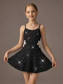 SHEIN 少女休闲运动体操瑜伽闪亮优雅高弹力箔针织露背连体紧身衣，黑色 - 黑色 - 查看 2