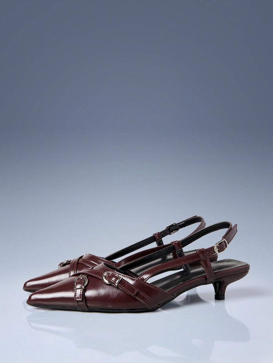 CUCCOO GRLICON Giày mule mũi nhọn bằng da bóng màu đen, quai chéo kim loại, gót thấp, kiểu dáng thập niên 2000, thời trang Y2K, thích hợp cho mùa xuân/hè, mùa nghỉ lễ. - màu nâu - Xem 1