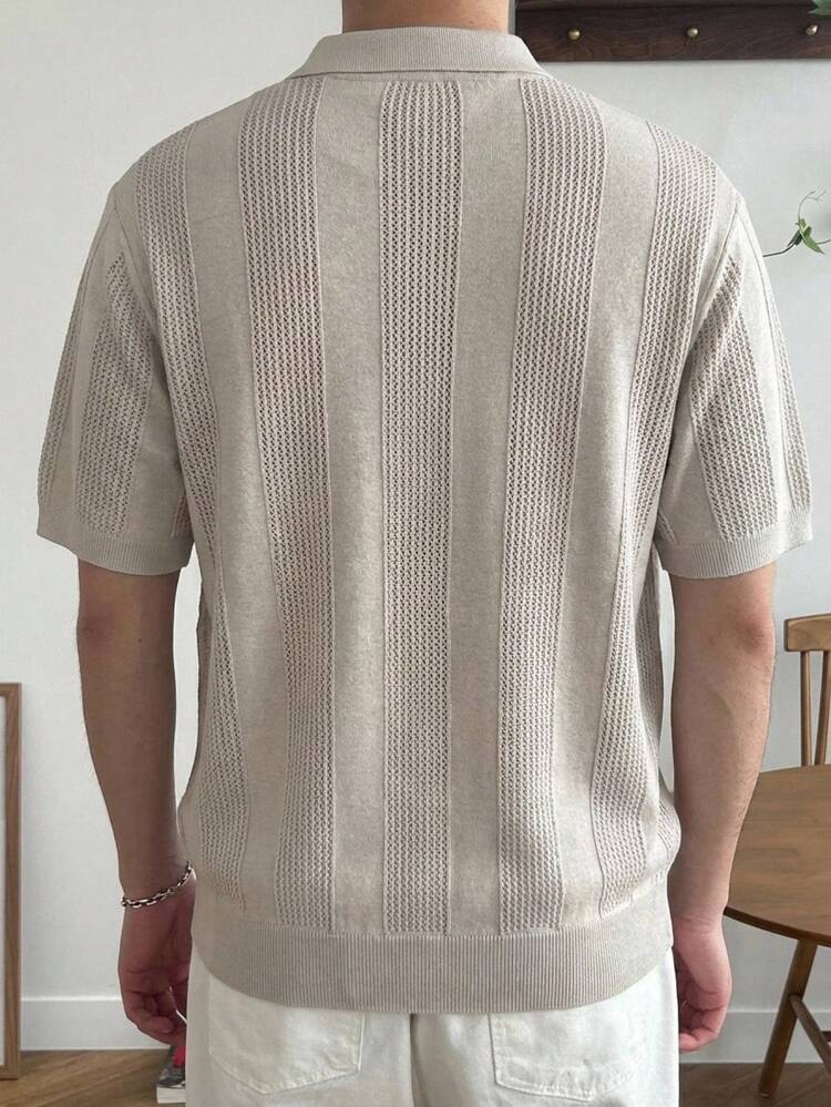 Men's Solid Apricot Polo Collar Knit Top, Summer