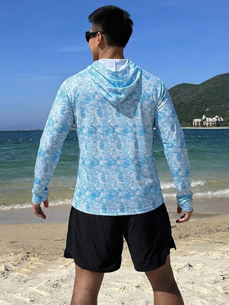 Men's Long Sleeve Floral Hooded Rash Guard, Swimwear For Summer