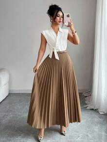 Elenzga Bộ đồ công sở thanh lịch dành cho nữ, màu trơn, gồm áo sơ mi buộc vạt và chân váy xếp ly, thích hợp cho mùa hè. - Nhiều màu - Xem 6