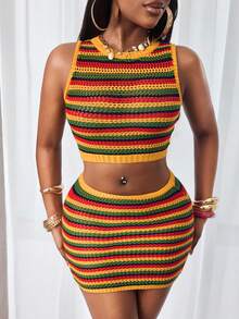BamGleam 2pcs Women Sleeveless Sweater & Bodycon Skirt Set, Sexy & Fashionable Summer Knit Top And Skirt Outfit, Vacation/Holiday Beach Dress - Multicolor - View 3