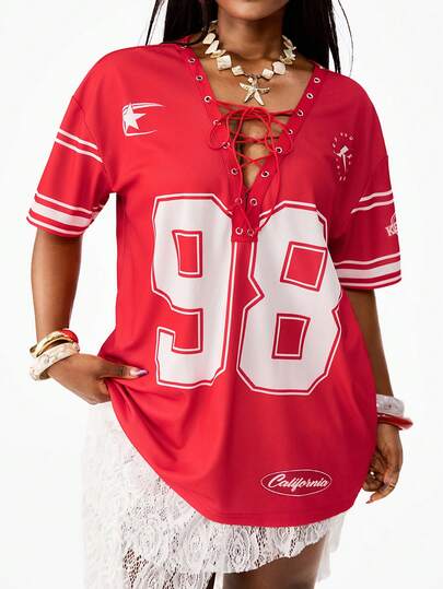 Coolane Summer Outfits  Women's Plus Size Drawstring Number-Print Sports Jersey, Red, A Must-Have For Street Style.