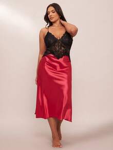 SHEIN BAE 1pc Women's Sexy Lace Slip Dress, Elegant Satin Plus Size Nightgown, Suitable For Outerwear All Season Lingerie Skirt Set Red And Black Lingerie Long Lingerie Dress Curve Night Gown - Burgundy - View 3