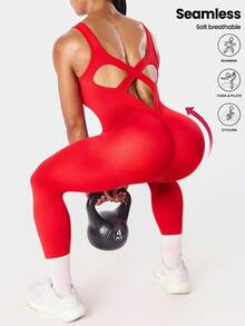 Dewbera 女士无缝红色运动连体裤，无袖交叉绑带心形镂空瑜伽健身裤 - 紅色 - 查看 3