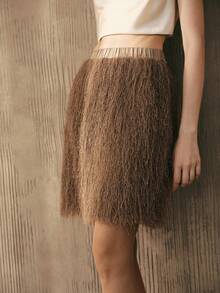 Arave Women's Knit Fabric Fringe Fluffy Waist-Cinched A-Line Casual Design Modern Party Elegant Date Night Midi/Skirt - Camel - View 4