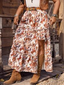 LanaWest CURVE Plus Size Women's Vintage Print Asymmetric Ruffle Hem Skirt, Suitable For Vacation, Music Festival, Western Boho Style - Multicolor - View 4