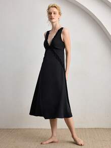 Ocili Camisón de satén suave con ribete de encaje, ropa de dormir elegante y cómoda para mujer en otoño - Negro - Ver 4