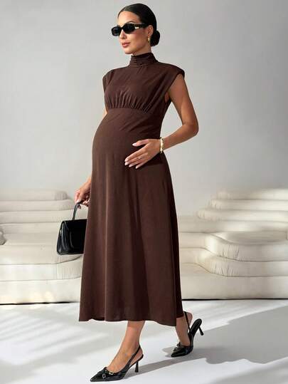 MaterniWear Elegant Solid Color Mandarin Collar Maternity Dress For Summer