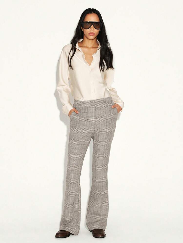 KSTM Pantalones de pierna ancha a la cintura alta con estampado de cuadros para mujeres, para uso profesional, de oficina y formal, pantalones a cuadros para otoño e invierno