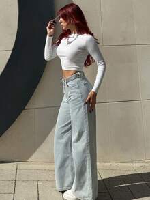 Bearsaez 女式低腰直筒牛仔裤休闲裤 - 淺色水洗藍 - 查看 4