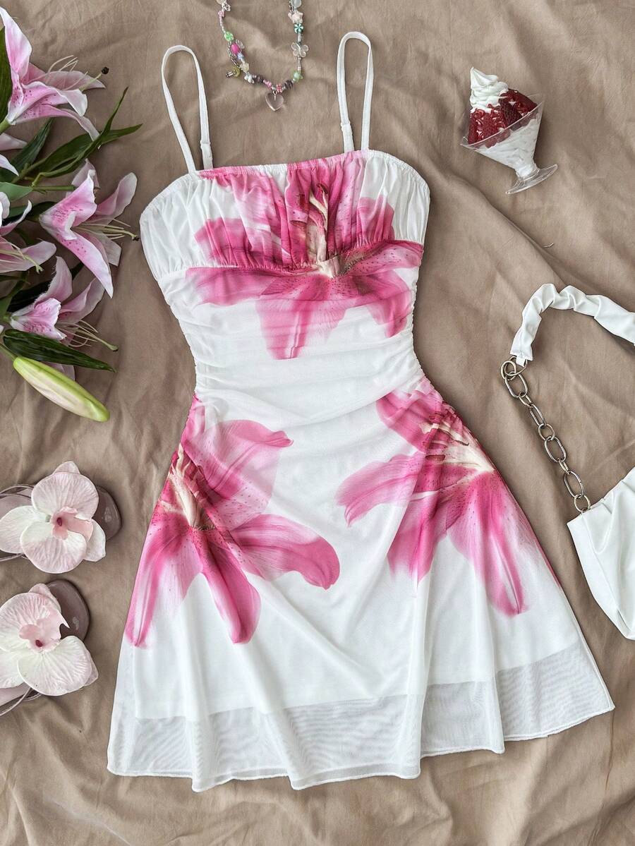 SHEIN 少女休闲舒适优雅波西米亚热带条纹扭结迷你连衣裙,适合度假/假日/复古/海滩/海边/优雅场合,可爱,吊带A字廓形,适合度假、派对、复活节、狂欢节、海滩、邮轮、下午茶等场合,时尚夏日连衣裙,波西米亚风格 - 彩色 - 查看 1