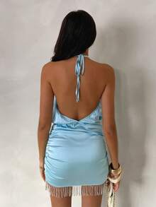 SHEIN 女士优雅度假性感露背水晶流苏连衣裙 - 藍色 - 查看 2