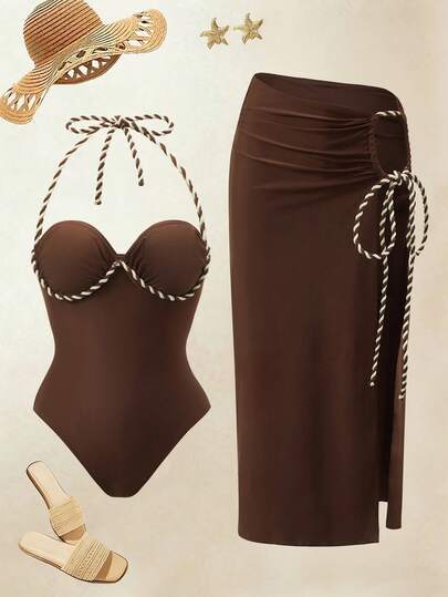 Swim Oasis Women's Halter Tie One-Piece Swimsuit And Skirt Set, Suitable For Beach Vacation, Pool Party, Beach Party Brown Two Piece Set Women Skirt Swimsuit Set Brown Bathing Suit Women Skirt Bikini Set Brown Bikini Set