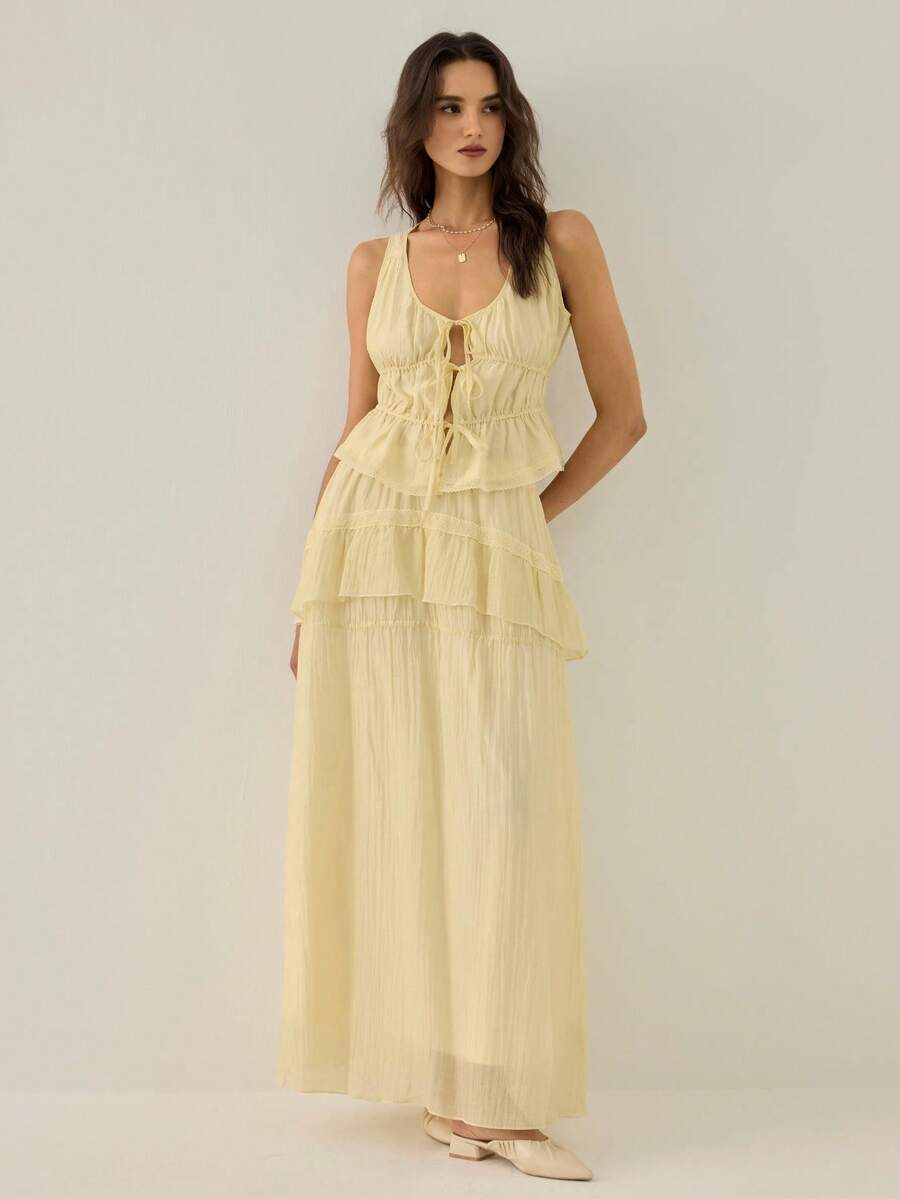 Gaivellea Women's Spring/Summer French Elegant Romantic Outfit, Pale Yellow Tie-Front Shirt And Loose Ruffled Maxi Skirt 2-Piece Set, Suitable For Outings And Dates - Light Yellow - View 1