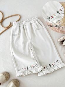 LMoss Kids 女婴花卉刺绣宽松卡其色牛仔裤 - 白色 - 查看 7