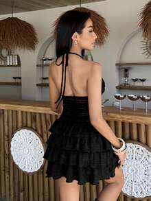 SHEIN DivaQ Women's Sexy Vacation Sheer Lace Layered Hem Backless Tie Neck Dress, Summer - Black - View 2