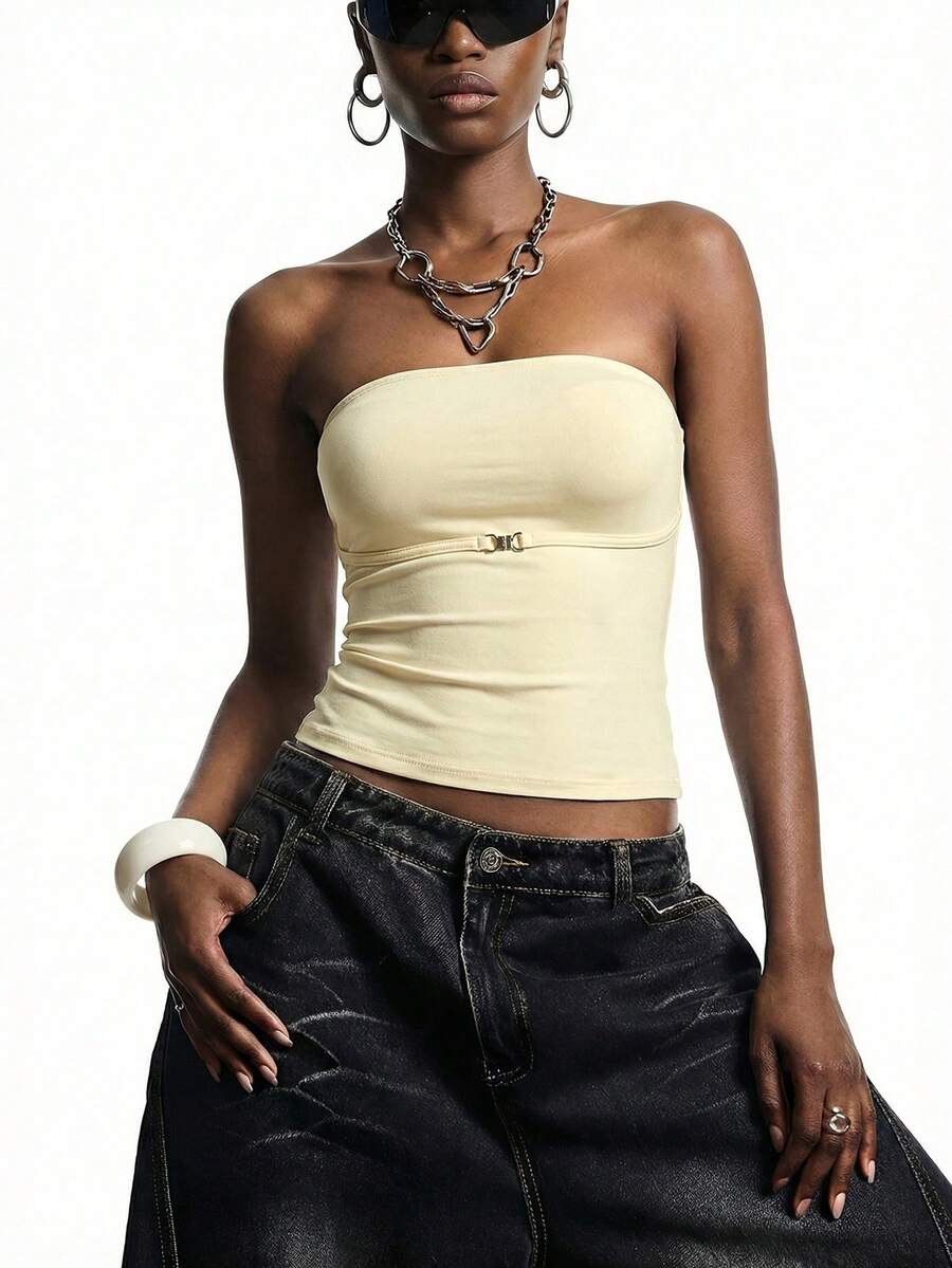 LYSMO Women's Strapless Backless Cropped Cream Yellow Top, Summer - Light Yellow - View 1