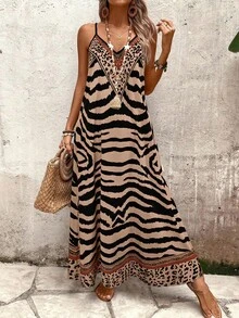 SHEIN Tall Women's Zebra Print V-Neck Sleeveless A-Line Casual Dress,Beige,Summer,Boho,Holiday,Vacation,Holiday,Elegant French Street Style Vintage Party, Tall Women - Khaki - View 6