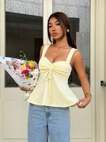 Muchica 女士黄色针织休闲无袖上衣 - 淡黃色 - 查看 3