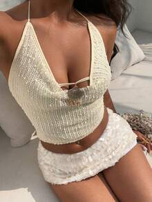 Aloruh 女士纯色杏色纹理钩编垂褶领露背系带吊带背心 - 杏色 - 查看 4