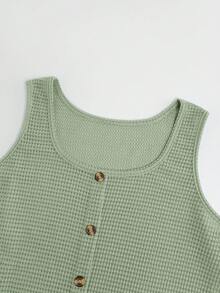SHEIN VCAY 加大码女式夏季杏色条纹纽扣装饰无袖吊带衫 - 綠色 - 查看 3