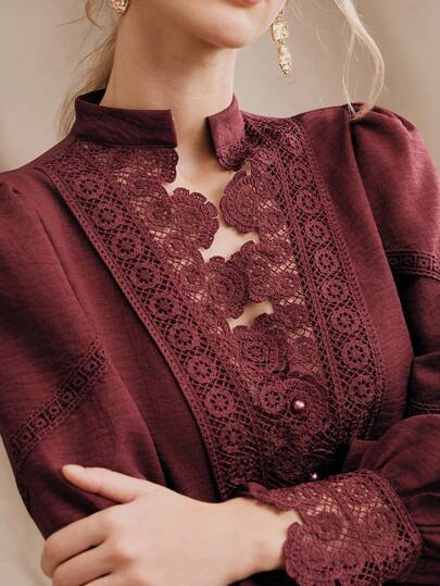 Anewsta 女士春季复古领衬衫，刺绣蕾丝拼接珍珠纽扣袖红色衬衫，适合日常、工作、约会、晚宴等场合