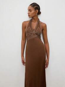 Maija Rust Brown Long Waist-Cinched Bodycon Backless Dress, Urban Style Graduation - Rust Brown - View 7