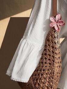 SHEIN ICON Top ajusté blanc à manches évasées, patchwork de tissu texturé, décolleté en V, style bohème, pour les festivals de musique, les vacances à la plage, décontracté et élégant, taille grande pour femmes, printemps/été - Blanc - Voir 6