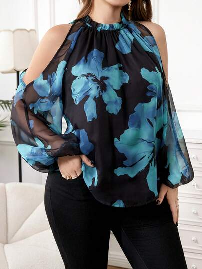 Reflora Plus Size Women's Blouse, Elegant Leopard Print Long Sleeve Off-Shoulder Semi-Sheer Blouse, Suitable For Casual, Work, Commute  Modest