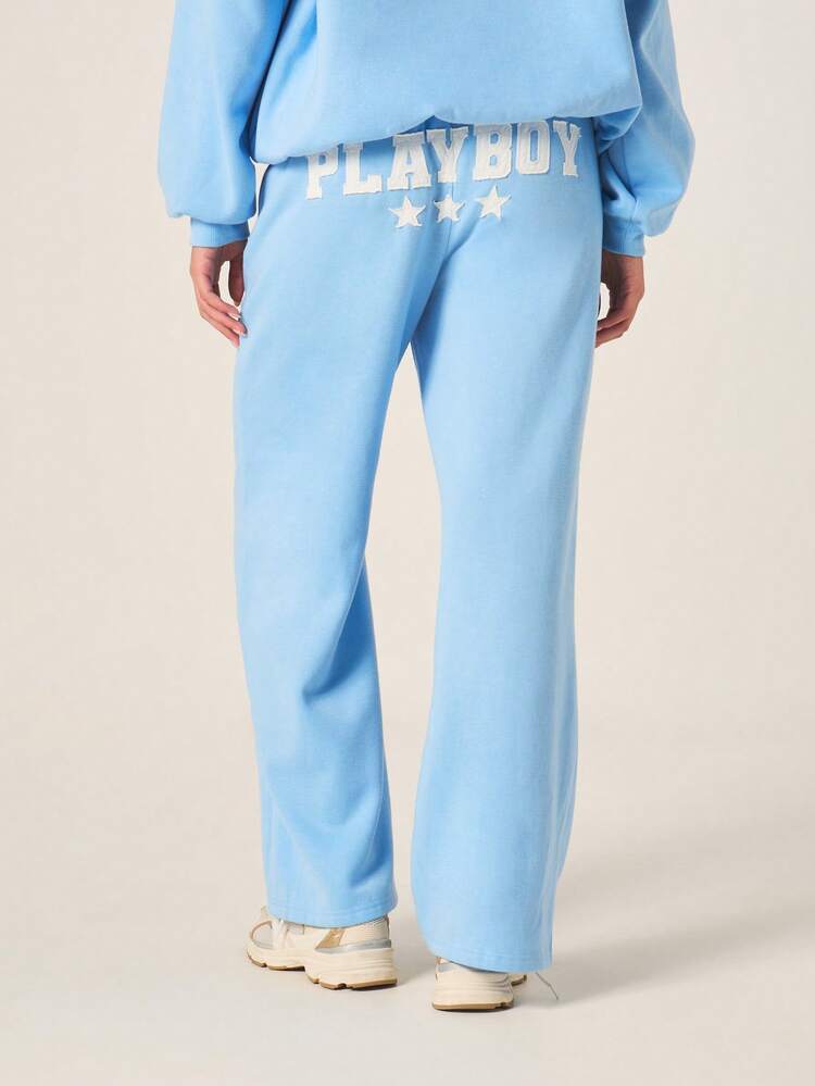 Missguided x Playboy Women's Star Applique Wide Leg Drawstring Jogger Sweatpants Casual Loose Fit Track Pants High Waisted Comfort Loungewear