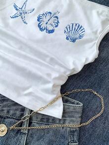 SHEIN 少女白色针织休闲简约波点印花不对称褶皱短款上衣，适合春夏穿着，休闲百搭，可打造个性造型，日常穿着 - 彩色 - 查看 5