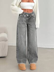EURMUSE LOW RISE STRAIGHT CUT ASYMMETRIC BELT JEAN - Grey - View 4