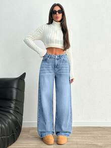 EURMUSE Women's Y2K Casual Everyday Commute Simple Versatile Wide Leg Jeans - Baby Blue - View 3