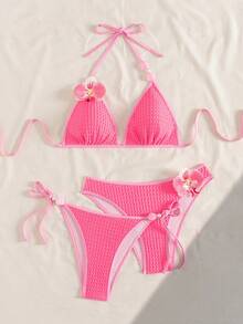 Swim Vcay Bộ bikini buộc dây cổ 3 món dành cho nữ, thích hợp mặc đi biển mùa hè, họa tiết hoa 3D. - Màu Hồng Tươi - Xem 3