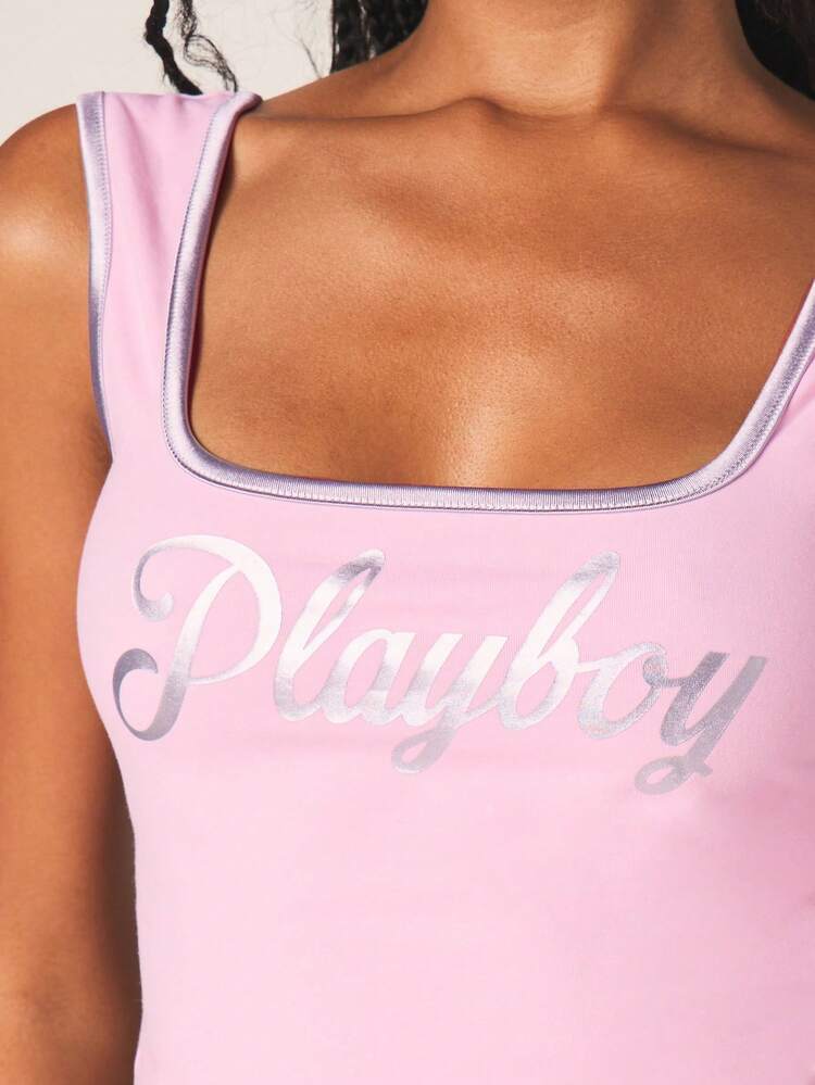 Missguided x Playboy Women's Pink Camisole Top With Silver Script Print And Contrast Binding Detail Sleeveless Tank Summer Fashion Statement Top