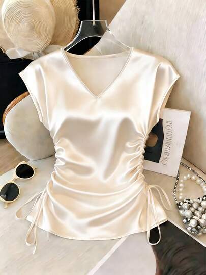 GlowEve 女士纯色V领褶皱时尚百搭约会/旅行衬衫