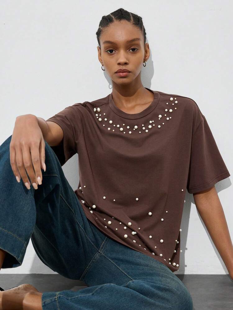SHEIN Maija Women's Round Neck Studded Short Sleeve T-Shirt,Shades Of Brown,Summer,Casual,Everyday Beaded Tops For Easter,Beach Party,Vacation,Modern Urban Style