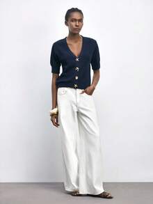 Maija Women's Metal Starfish Button Short Sleeve Casual Thin Cardigan - Navy Blue - View 7