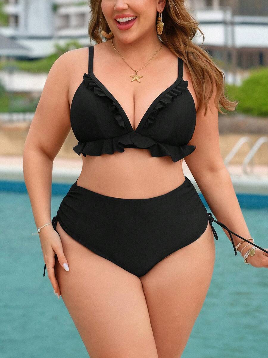 Swim Lushoire Plus Size Women's Solid Color Side Drawstring Bikini Bottom - Black - View 1