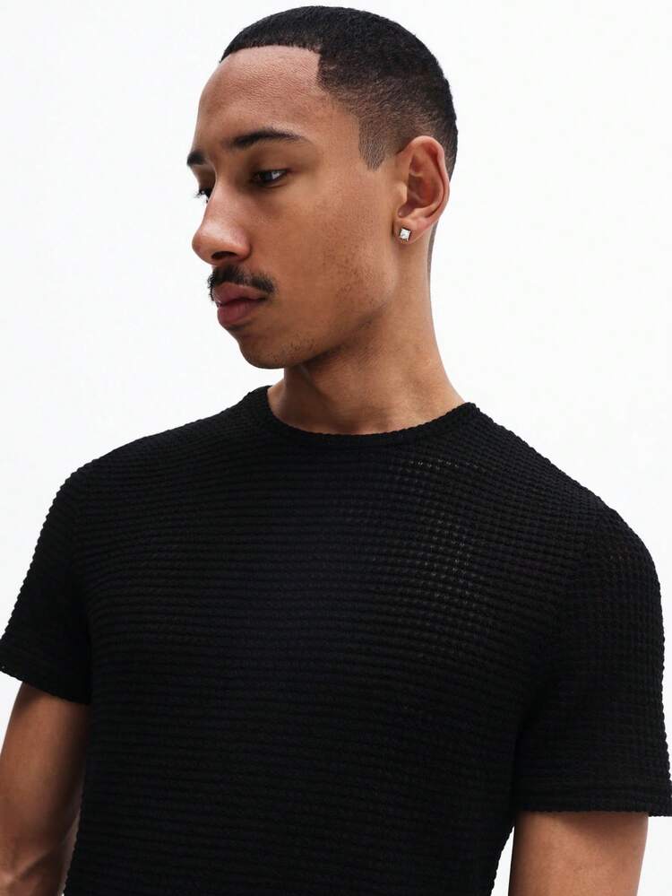 T-shirt à col ras-du-cou texturé à manches courtes pour hommes, coupe regular, noir, décontracté, d'été, basique de tous les jours