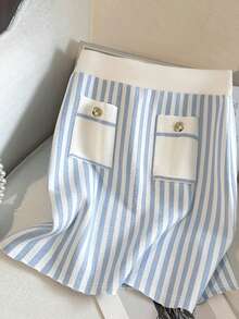 GlowEve Bộ đồ nữ mùa hè kiểu dáng thường ngày gồm áo hai dây kẻ sọc và chân váy ngắn. - Xanh và trắng - Xem 5