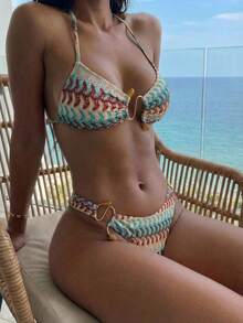 Swim Vcay Conjunto de bikini geométrico con estampado elegante y romántico para vacaciones en la isla, decoración de acrílico y metal - Multicolor - Ver 9