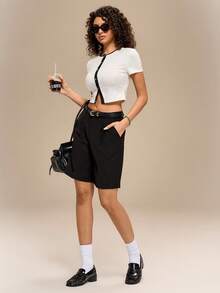 Hanevo Summer Casual Contrast Color Front Button Fitted Cropped Shirt - Multicolor - View 6