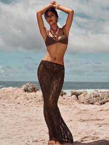 Opulessa Casual Solid Color Knit Lace Low Waist Fitted Mermaid Skirt - Coffee Brown - View 3
