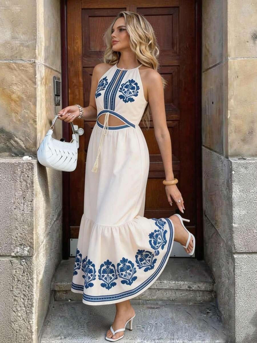 Opuloom Vintage Beige Summer Boho Embroidered Maxi Dress,Halter Drawstring Tassel Hollow Out Long Dress For Women Holiday Tea Party Greece Vacation Outfits - Multicolor - View 1