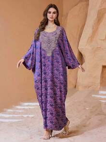 Al Najma Women's Square Neck Sparkly Rhinestone Embellished Loose Traditional Dress For Formal Events, Kaftan & Jalabiya,Modest - Purple - View 3
